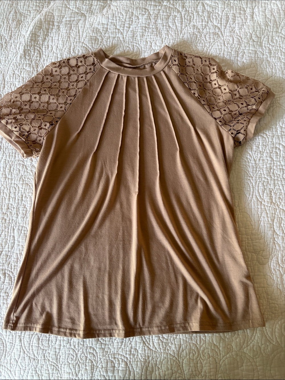 Pleated Front Lace Sleeve Short Sleeve Top - Tan